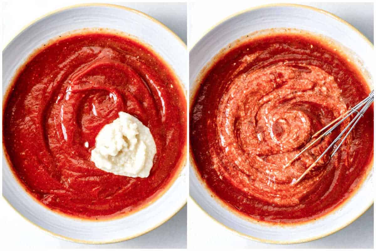 adding horseradish to the cocktail sauce and mixing.