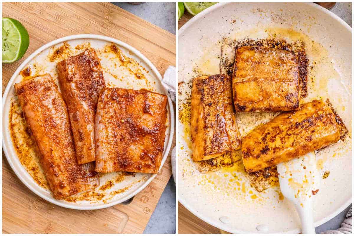 process shot to season mahi mahi on a plate and searing on a pan.