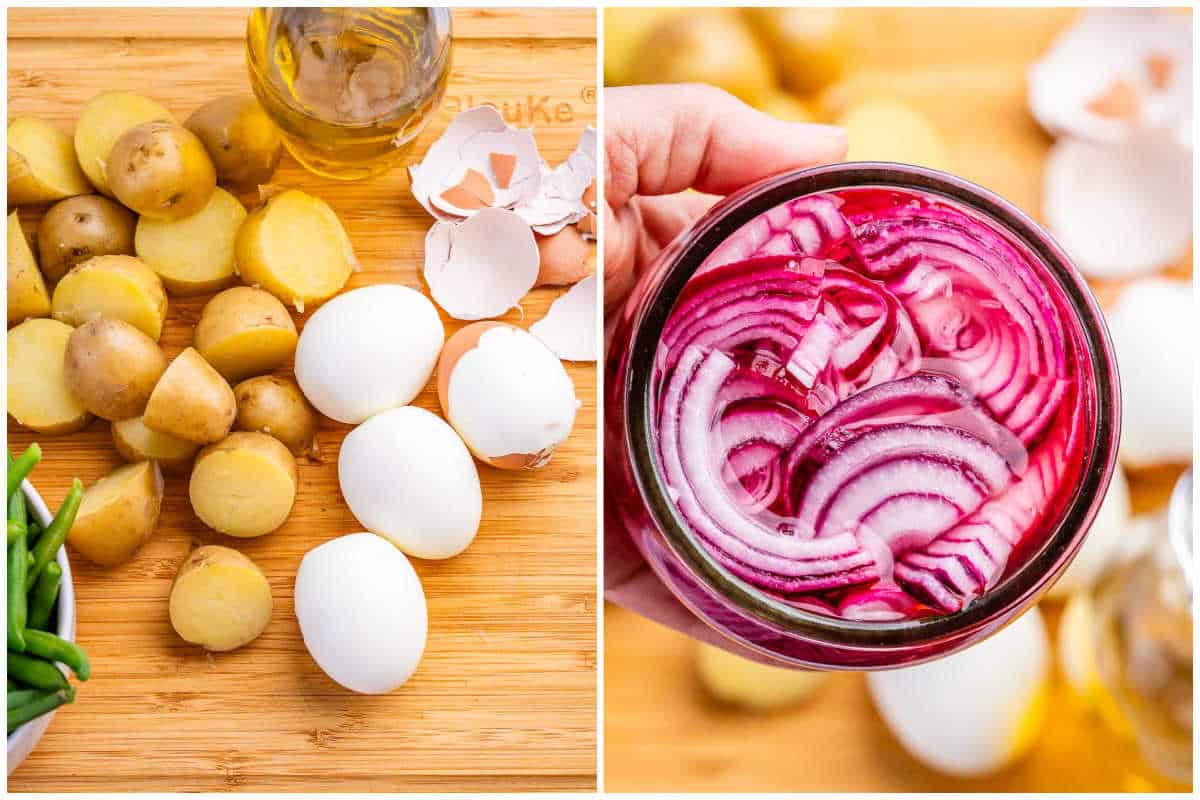 process shot to boil potatoes and eggs and prep it.