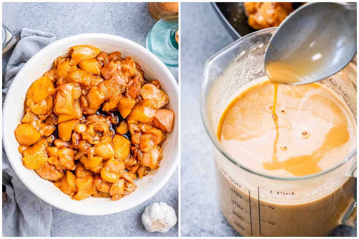 process shot to marinate the chicken and making the peanut butter sauce.