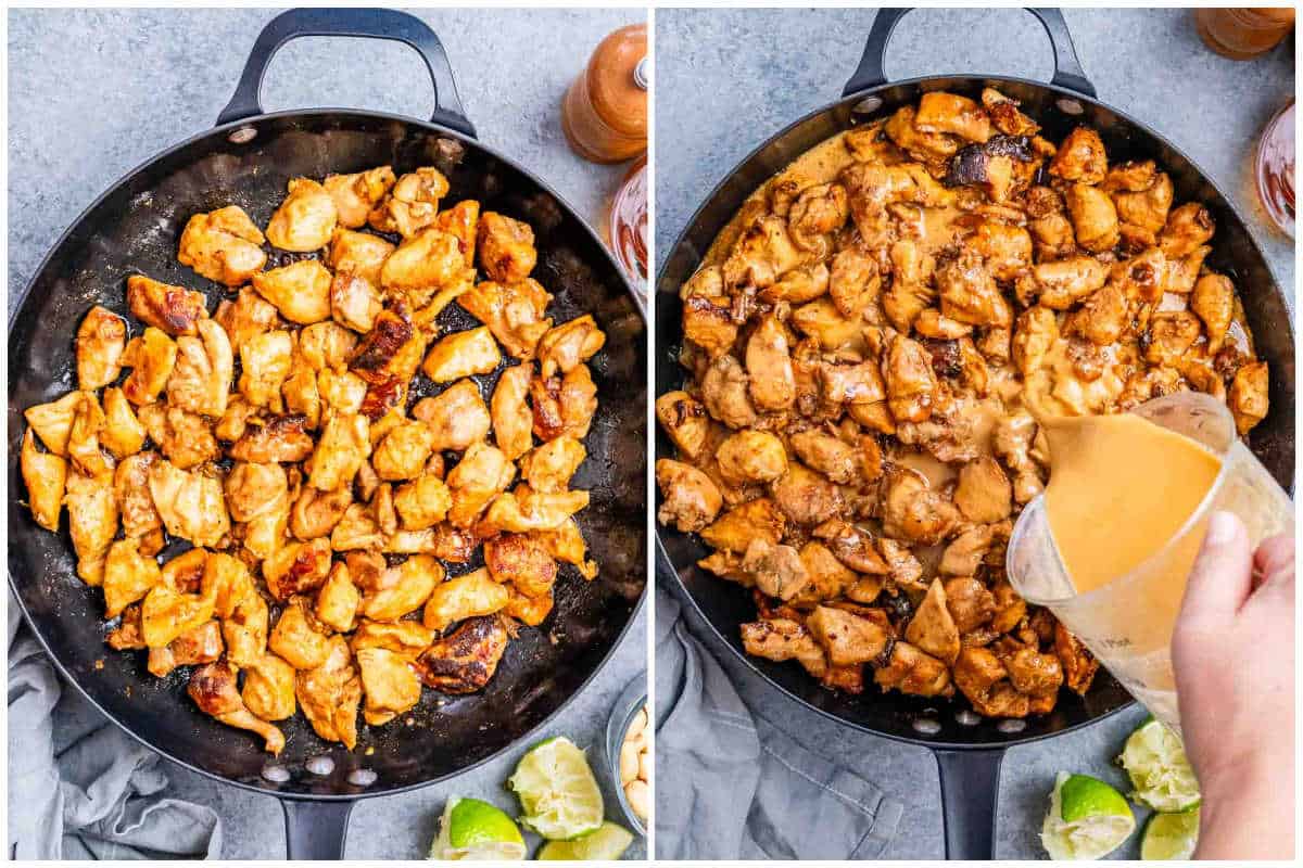 process shot to sear the chicken in the pan and then adding the peanut butter sauce over it to cook it in.