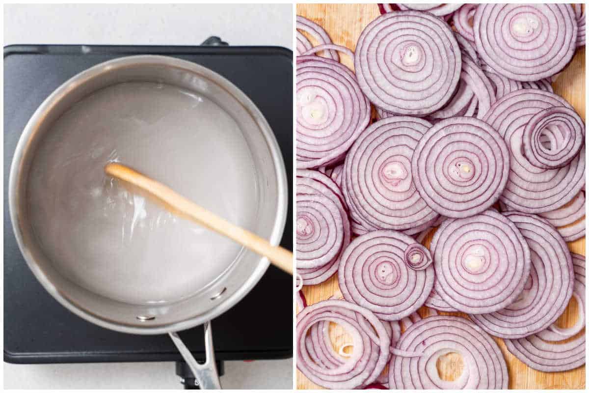 process shot to make the brine and slicing the red onions.
