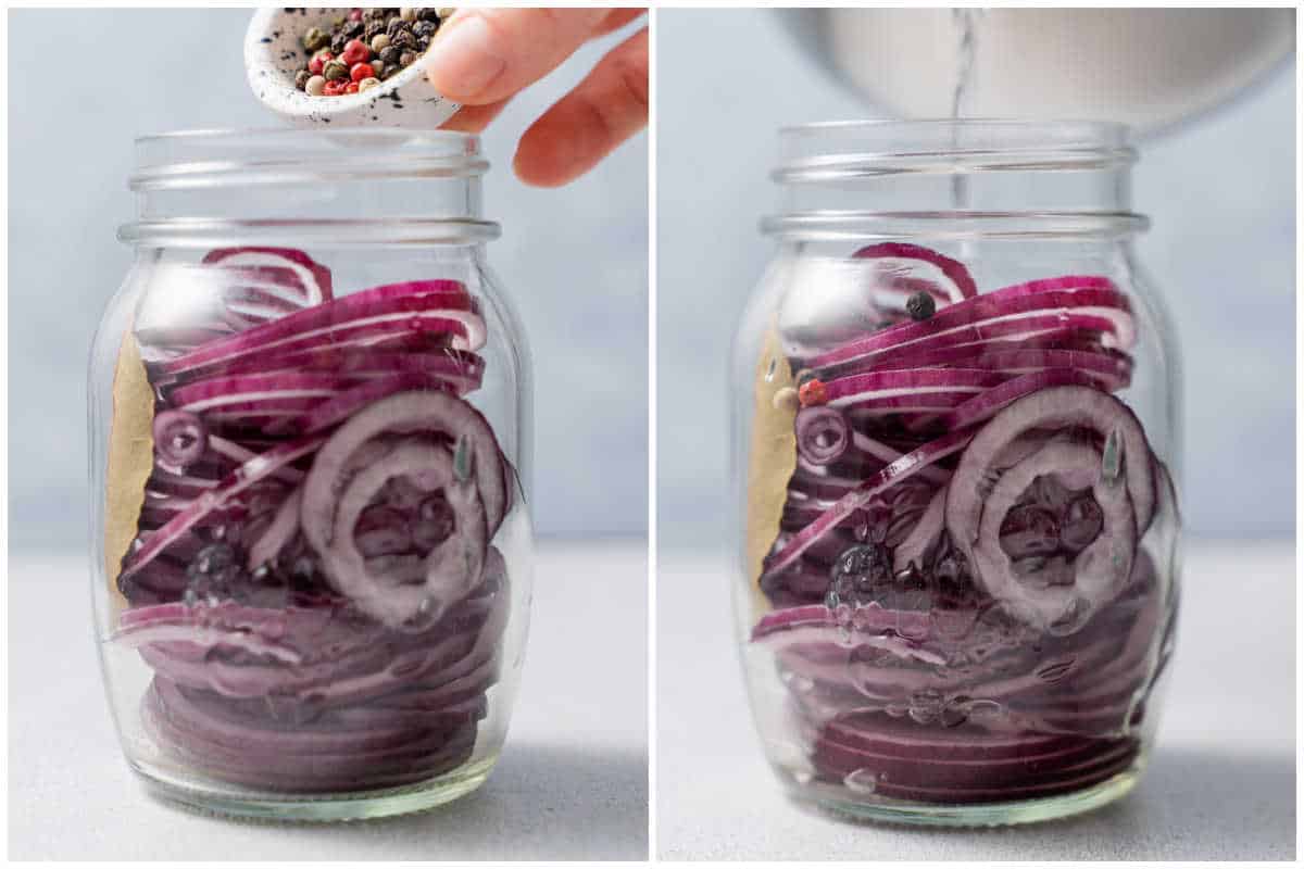 process shot of adding the onion, brine, and peppercorns in the jar.
