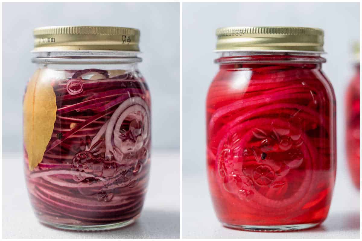 process shot of pickling the onions in a jar, then storing it.