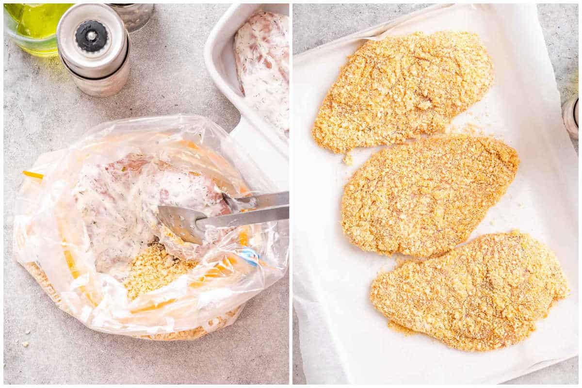process shot to coating the marinated chicken with the bread crumbs.