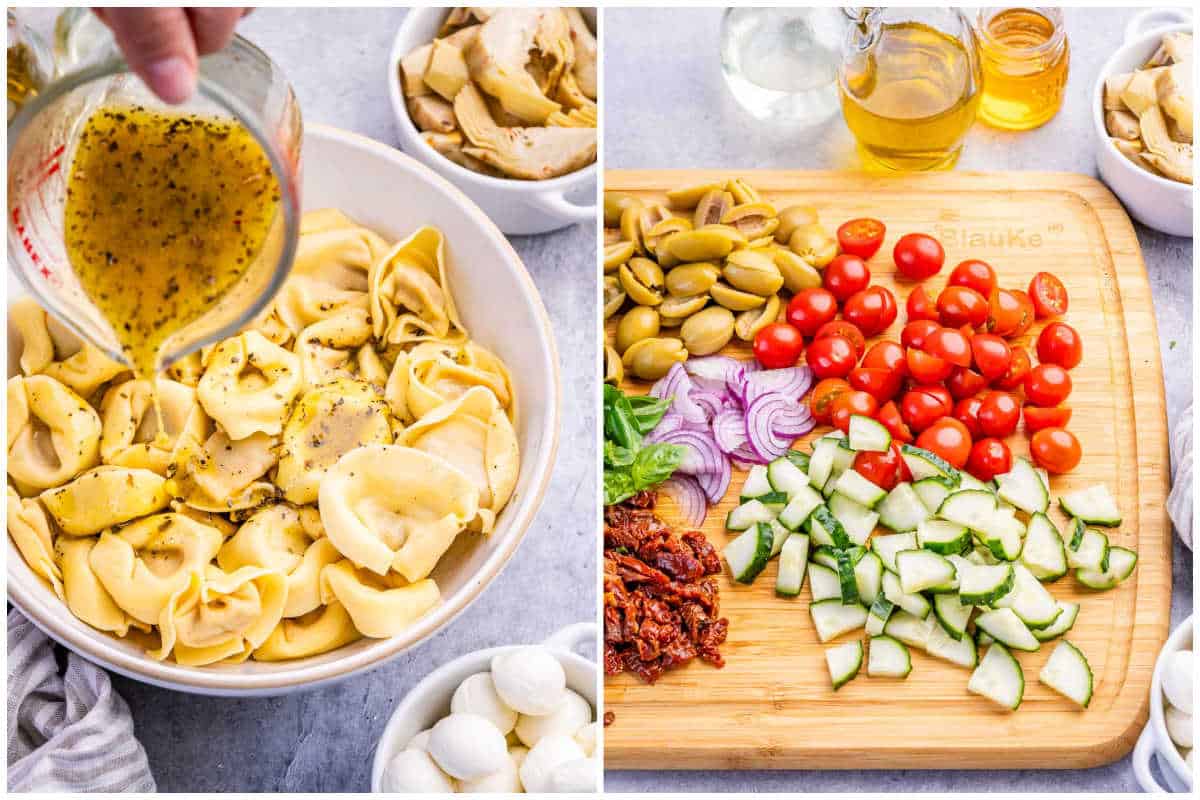 process shot to add dressing over the tortellini pasta and then chopping the veggies.