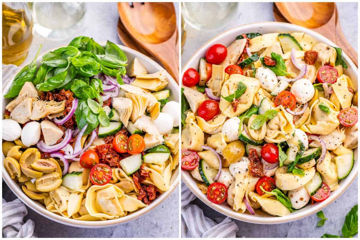 process shot to prepare the tortellini pasta in a bowl.