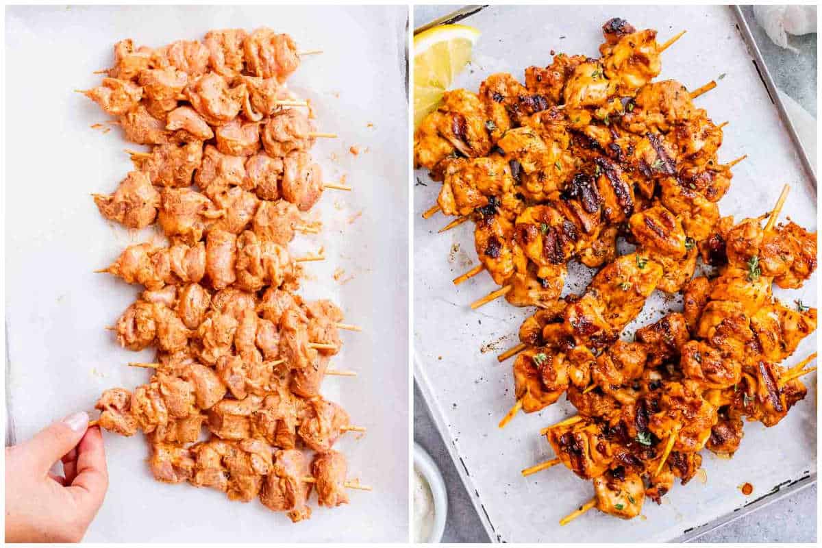 marinated chicken placed on skewers and grilled.