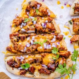 bbq chicken flatbread cut into serving size strips.
