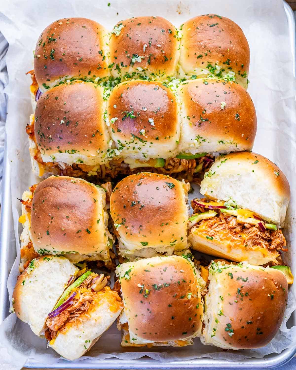bbq chicken sliders next to each other.