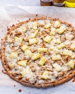 Whole baked BBQ chicken pizza before slicing.