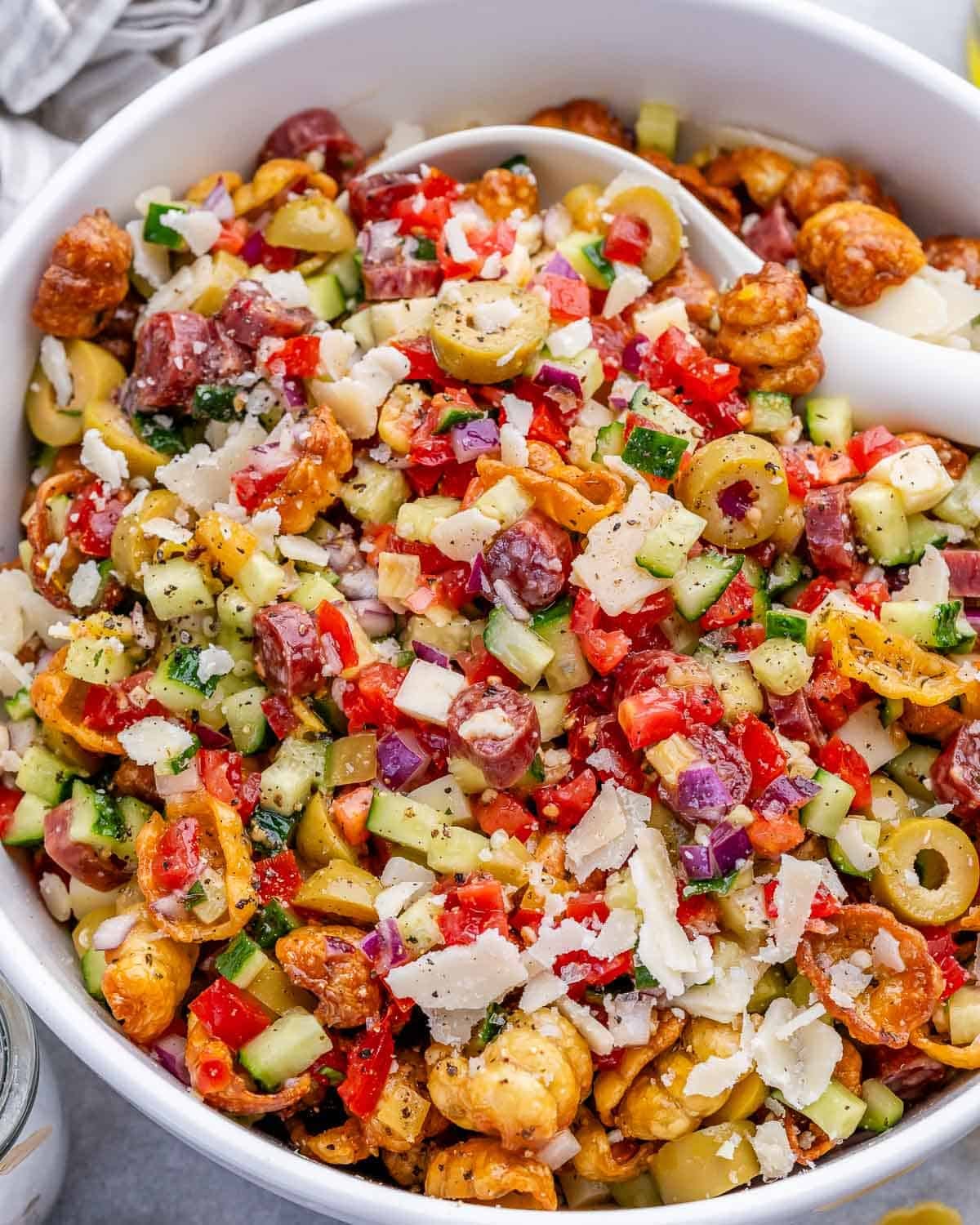 a bowl with crispy pasta salad.