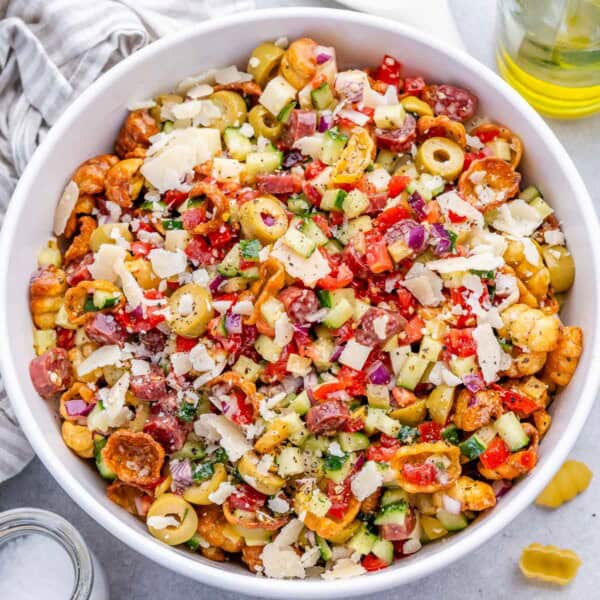 crispy pasta salad in a bowl.