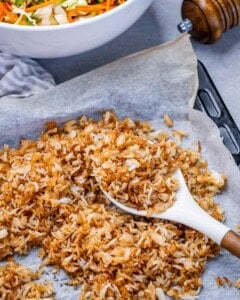baked rice on a sheetpan.
