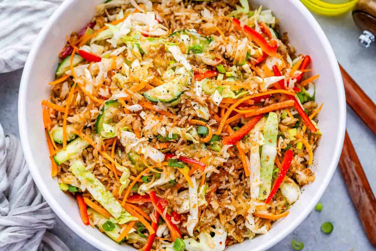 crispy rice salad in a bowl.
