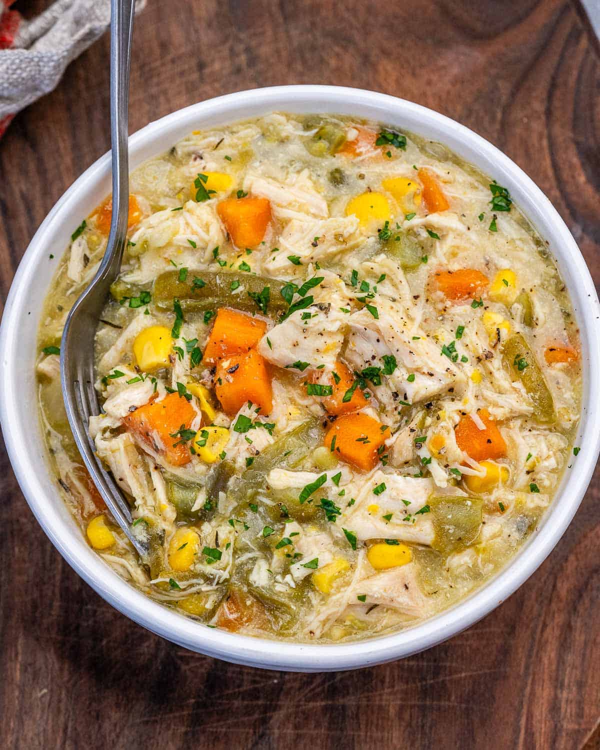 A white bowl of crockpot chicken pot pie.