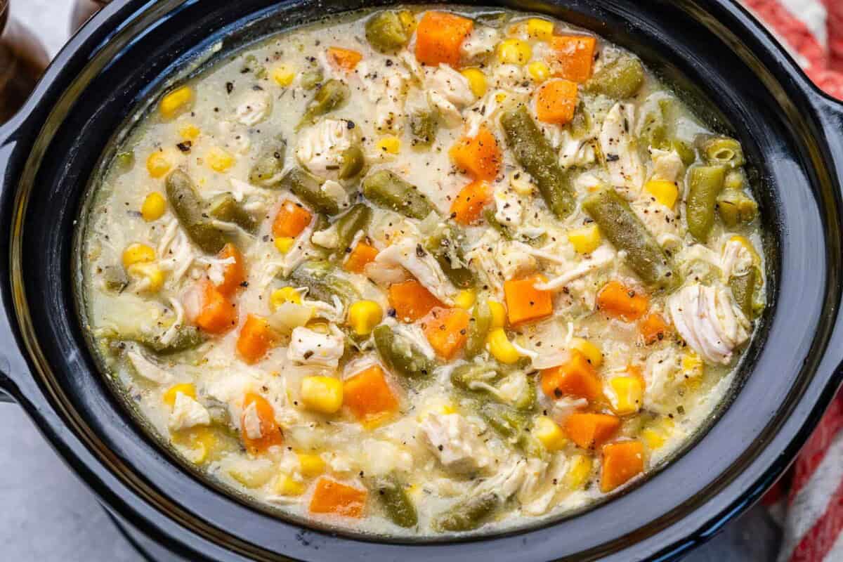 cooked chicken pot pie in the slow cooker.