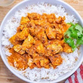 butter chicken cooked in an instant pot added over rice.