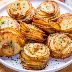 baked potato stacks on a plate.