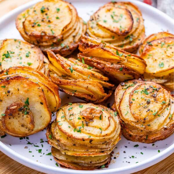 baked potato stacks on a plate.