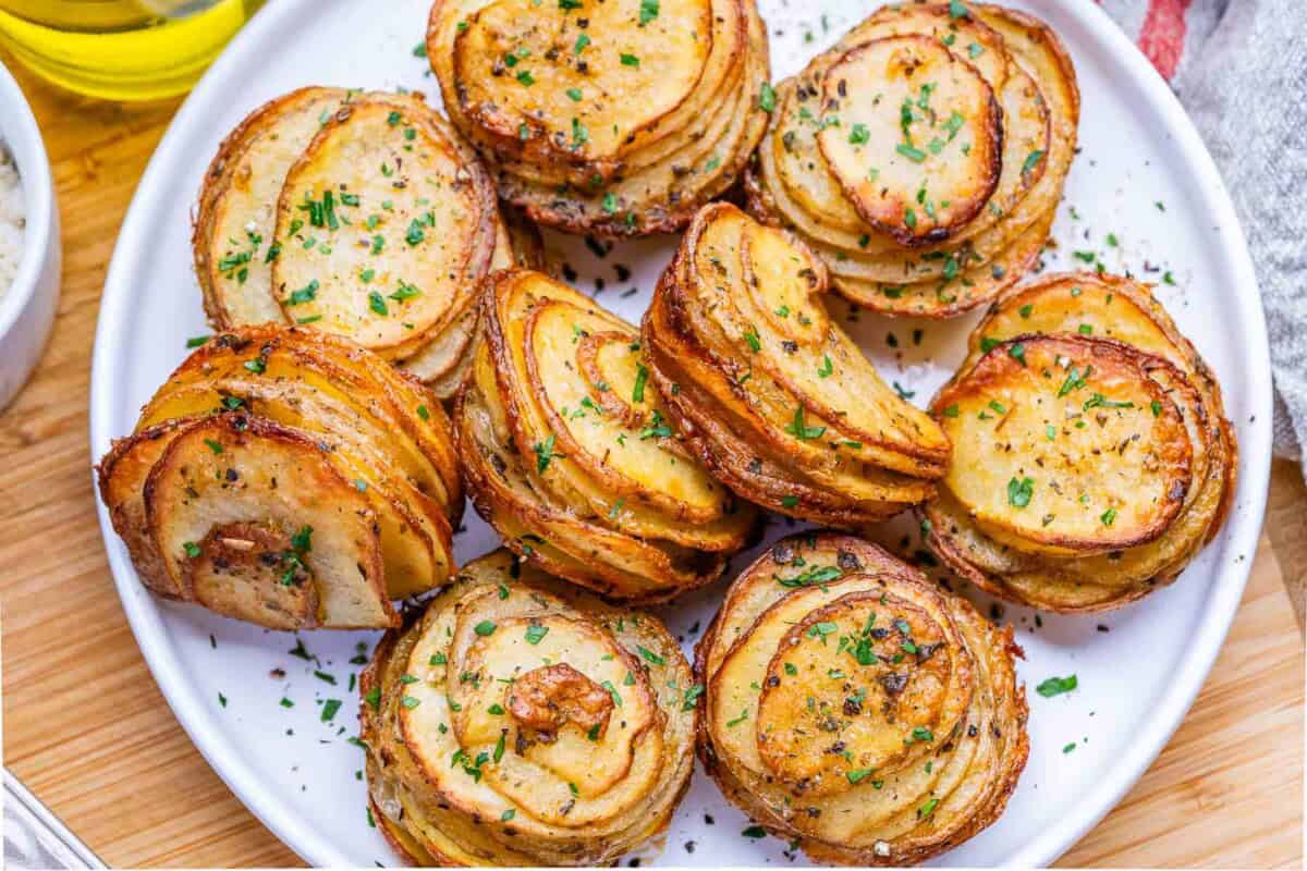 Baked potato stacks in a muffin tin pan.