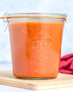 enchilada sauce stored in a jar.