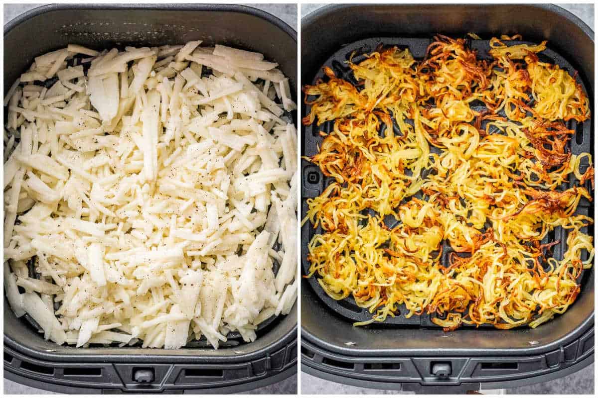 process shot for making air fryer hash browns in the air fryer.