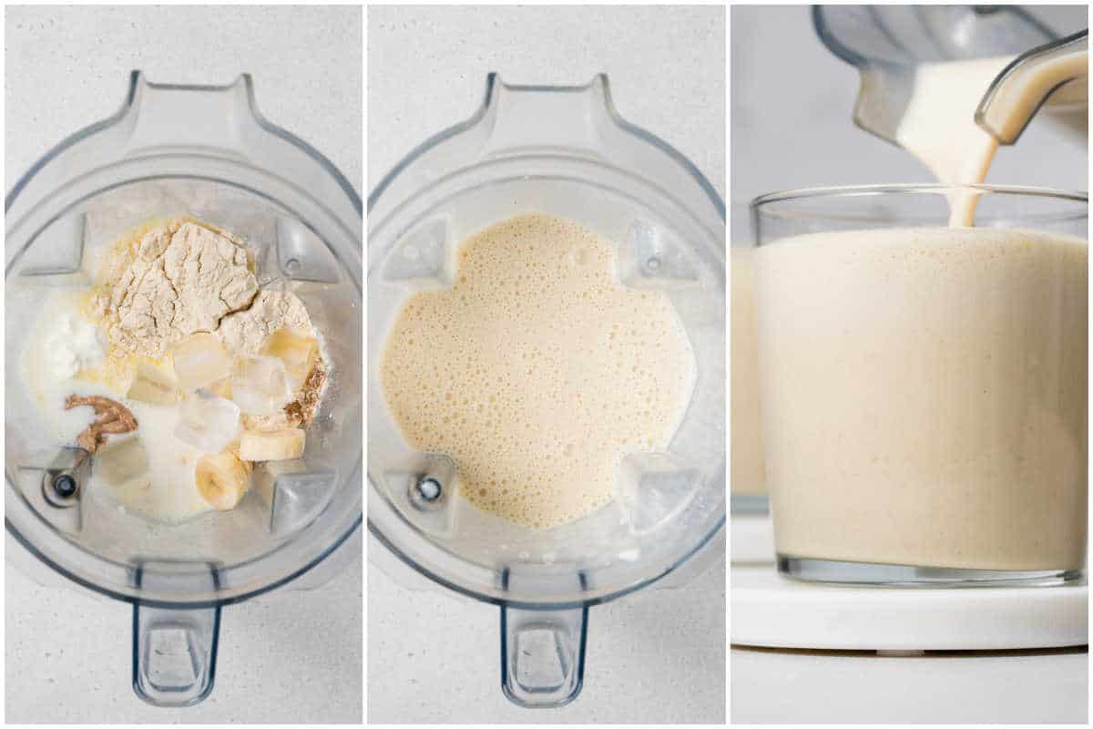 collage for blending banana protein shake in a blender and pouring in a glass.