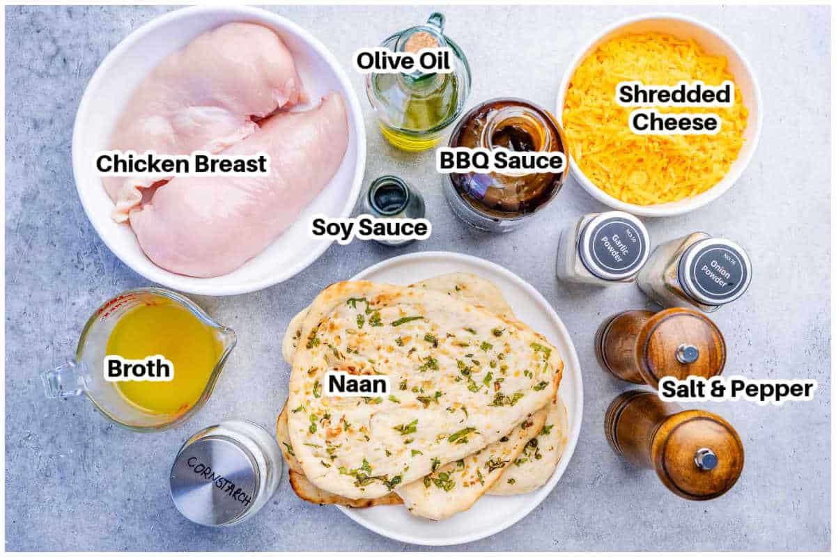 ingredients for bbq chicken flatbread.