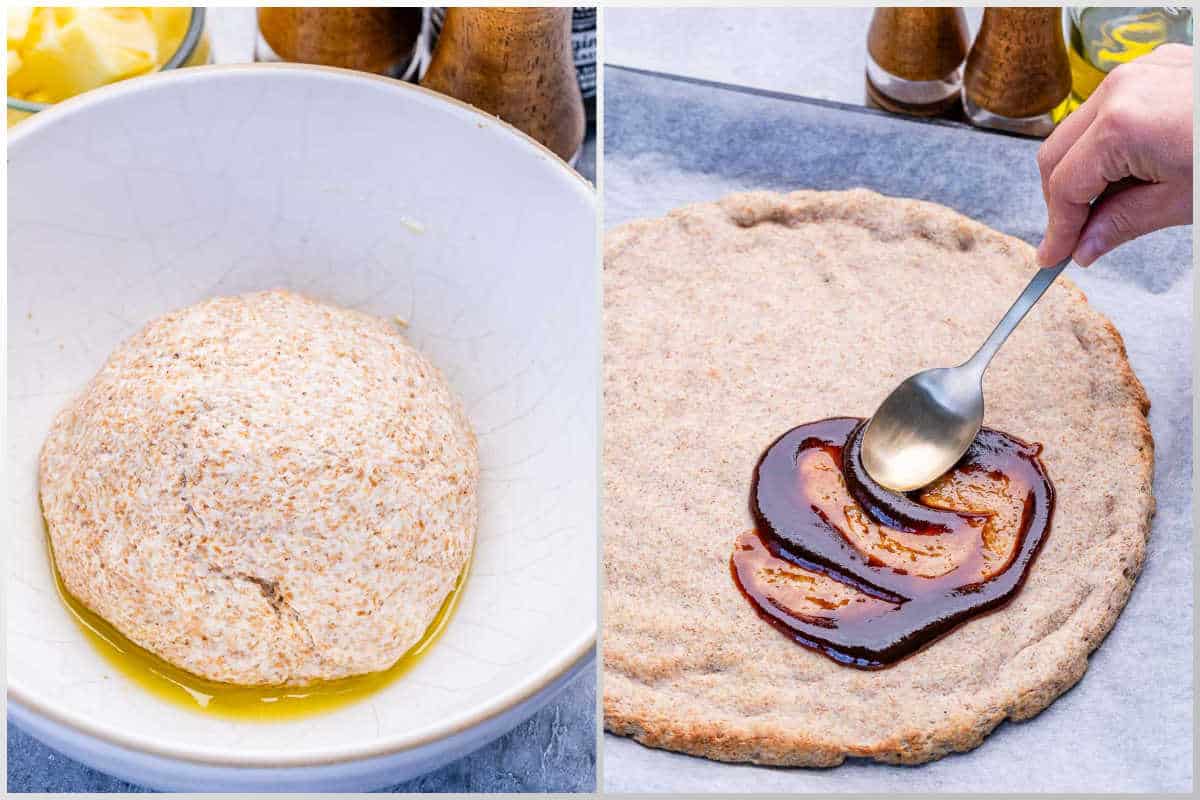 process shot to make the dough for pizza and adding bbq sauce over it.