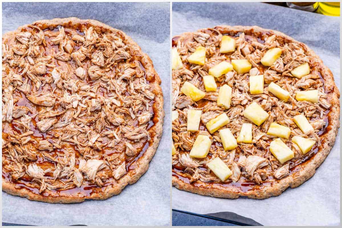 process shot of adding shredded chicken and pineapple over the bbq sauce and dough.