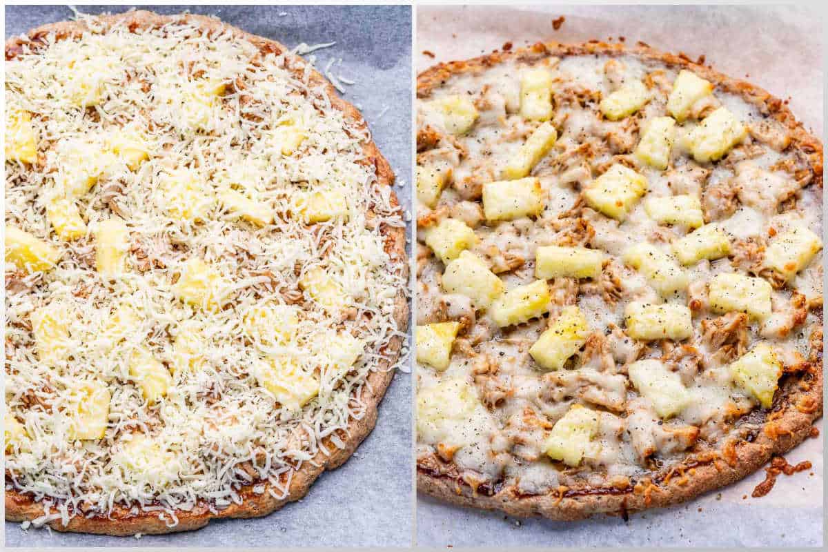 process shot to add shredded cheese over the chicken and pineapples and then baking.