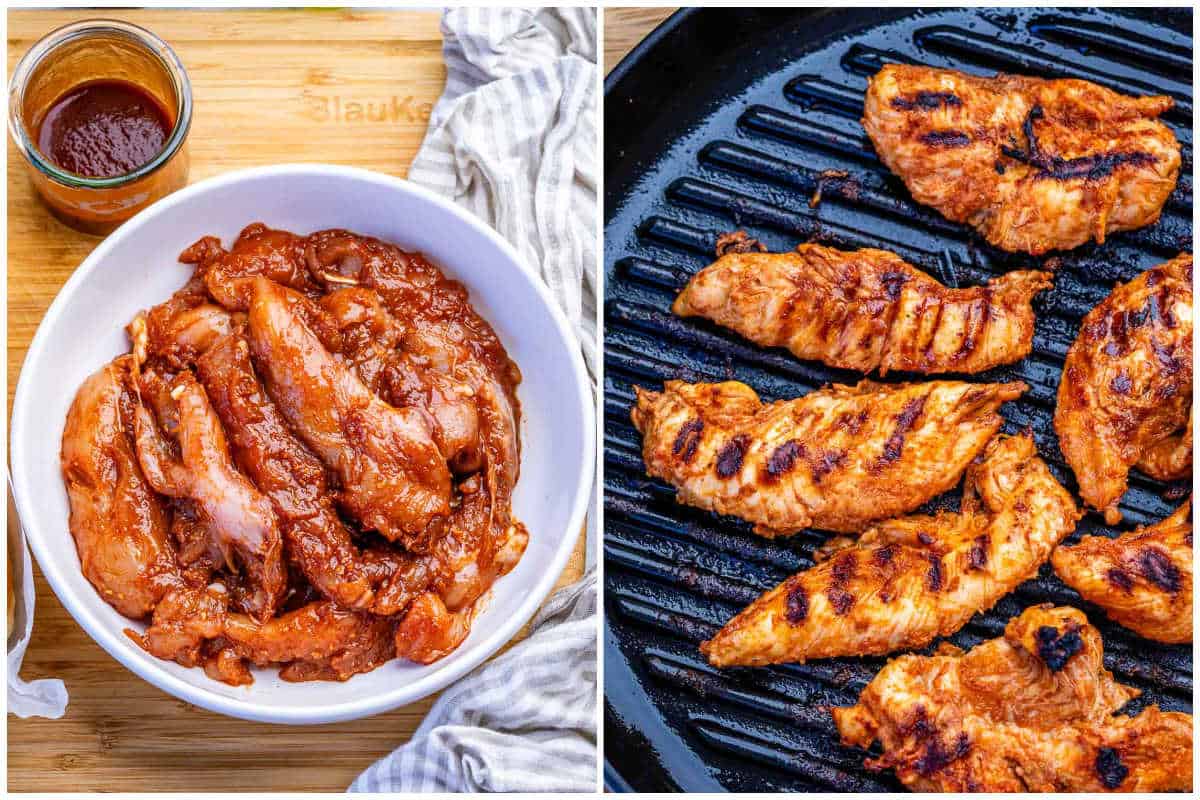 process shot to marinate the chicken tenders and cooking on a grill pan.