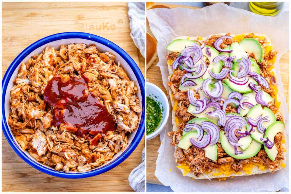 process shot to season the shredded chicken with bbq sauce and assembling the layers.
