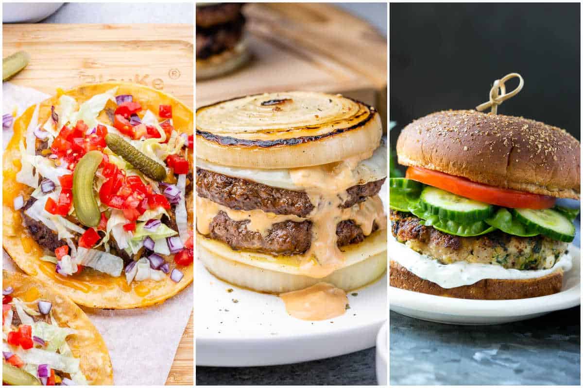 collage of 3 images for burgers.