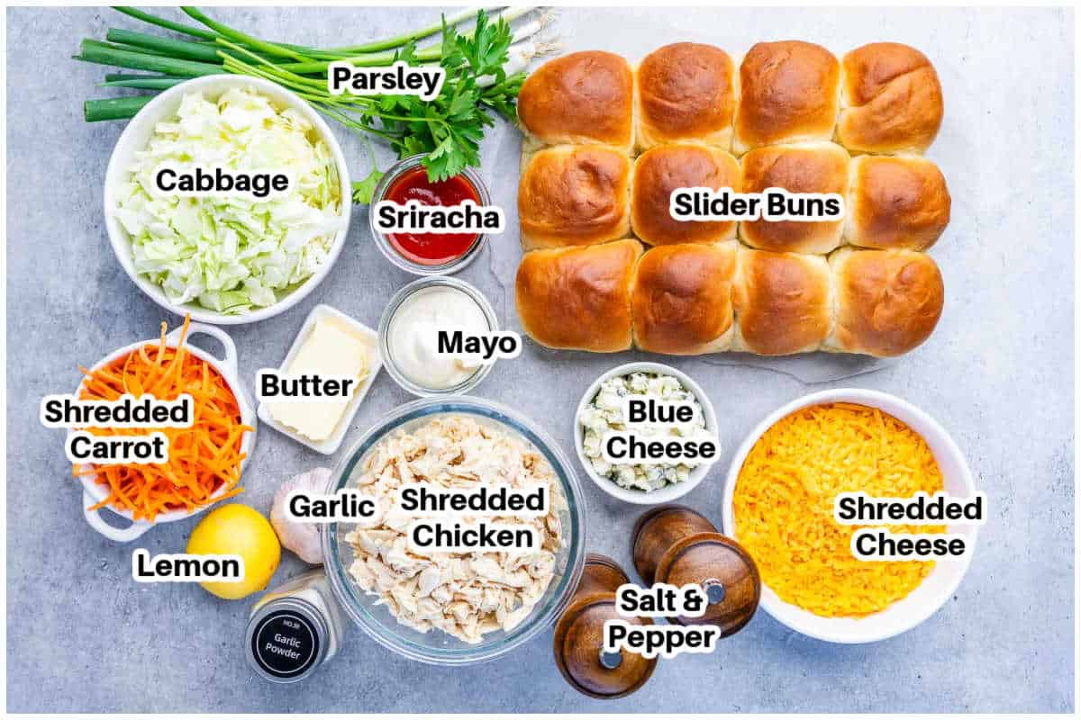 Ingredients for buffalo chicken sliders.
