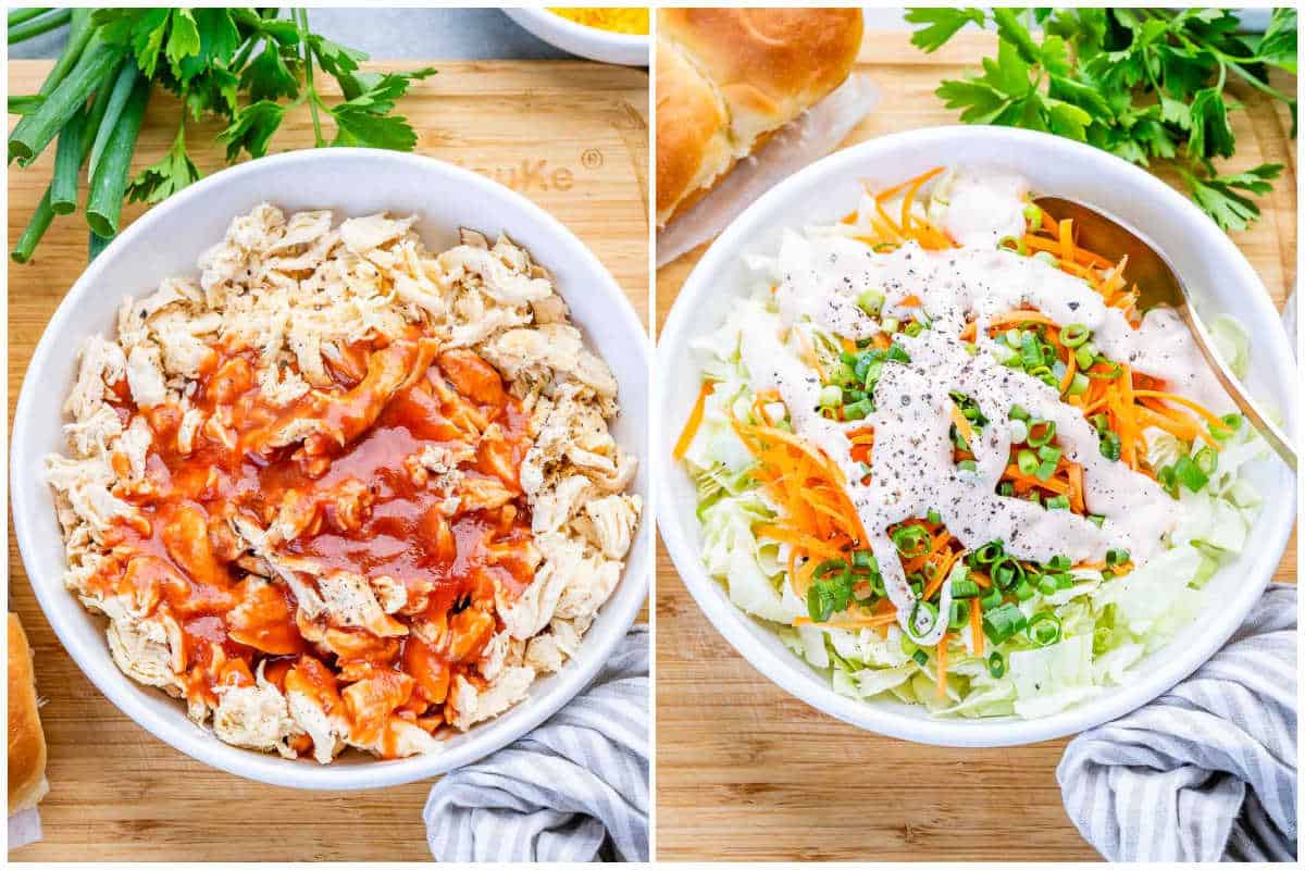 process shot mix the chicken with buffalo sauce and mixing the slaw.
