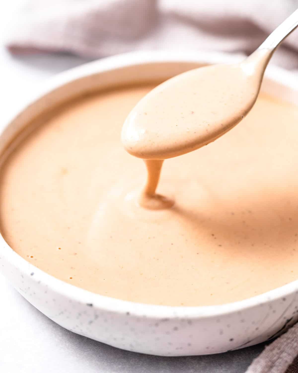 spoon dipped in a bowl with homemade canes sauce.