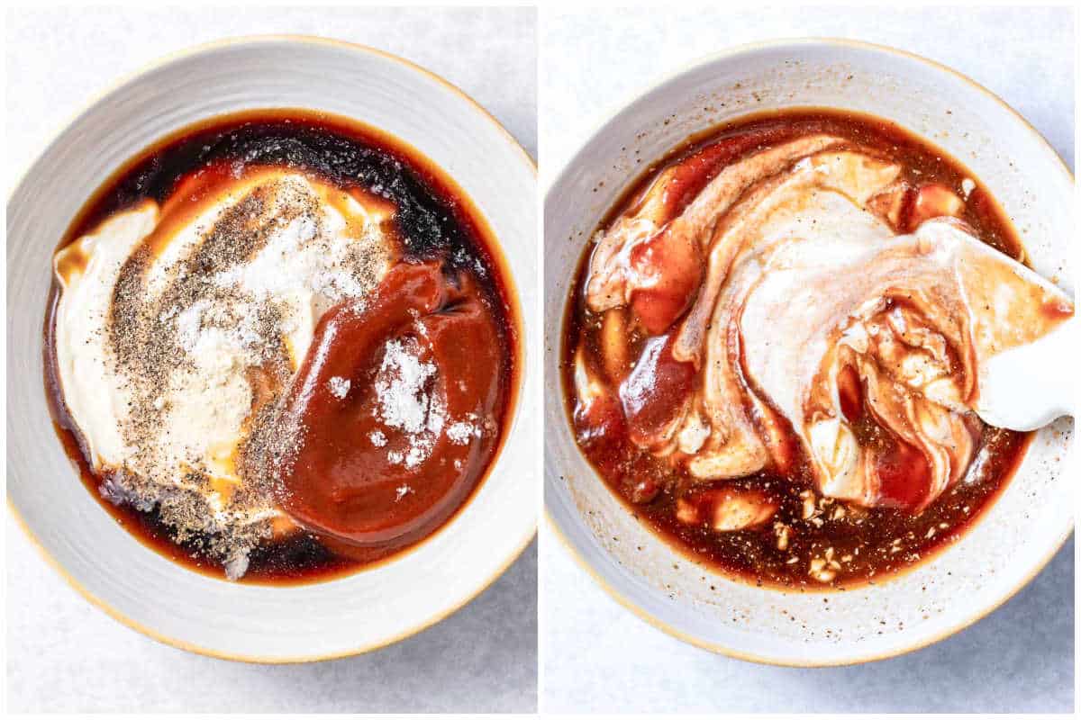 process shot collage for mixing the ingredients for canes sauce.