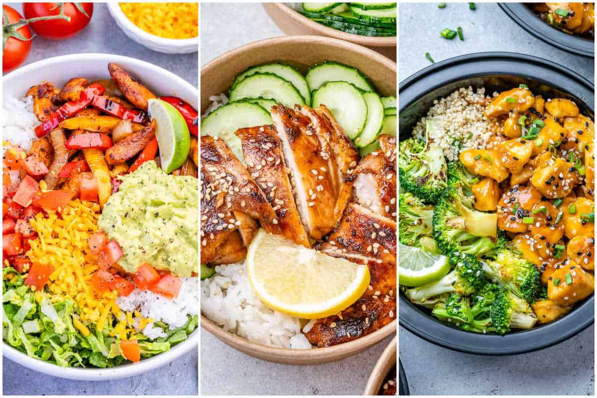 collage of 3 images for chicken meal prep recipes.