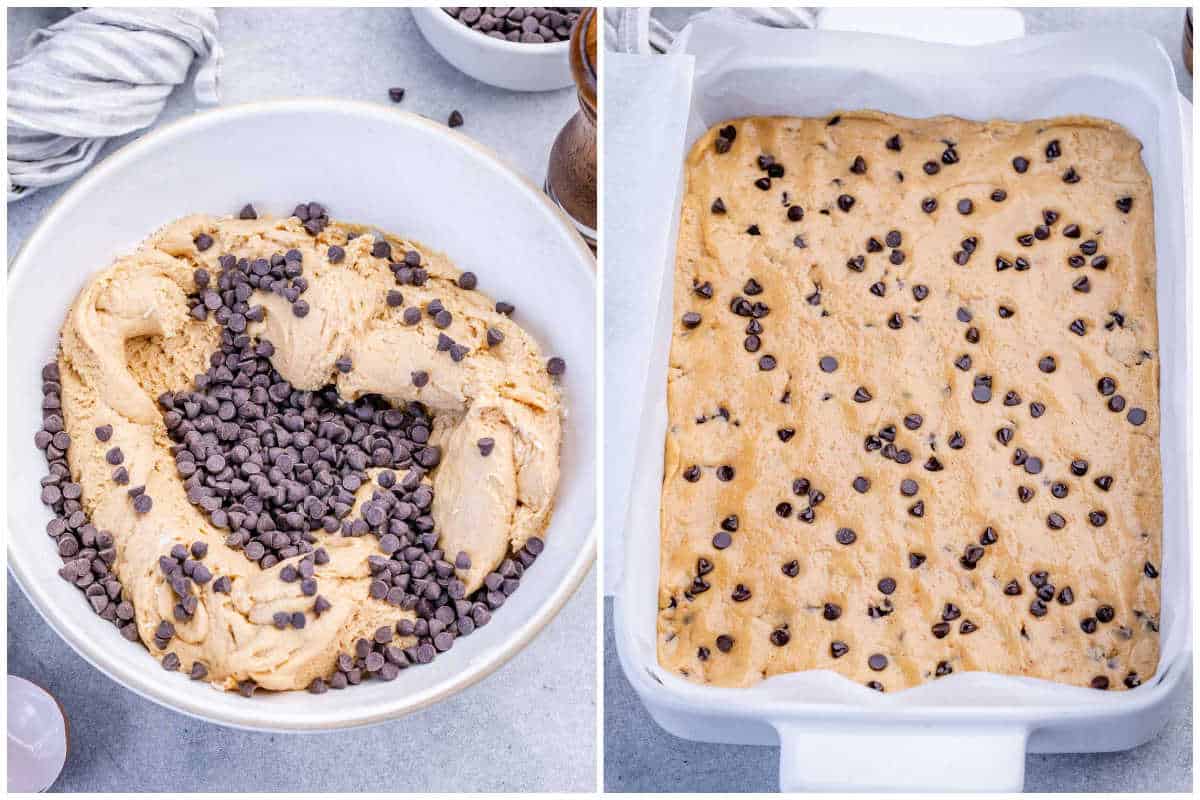 process shot to adding the chocolate chips to the dough and then placing in a dish to bake.