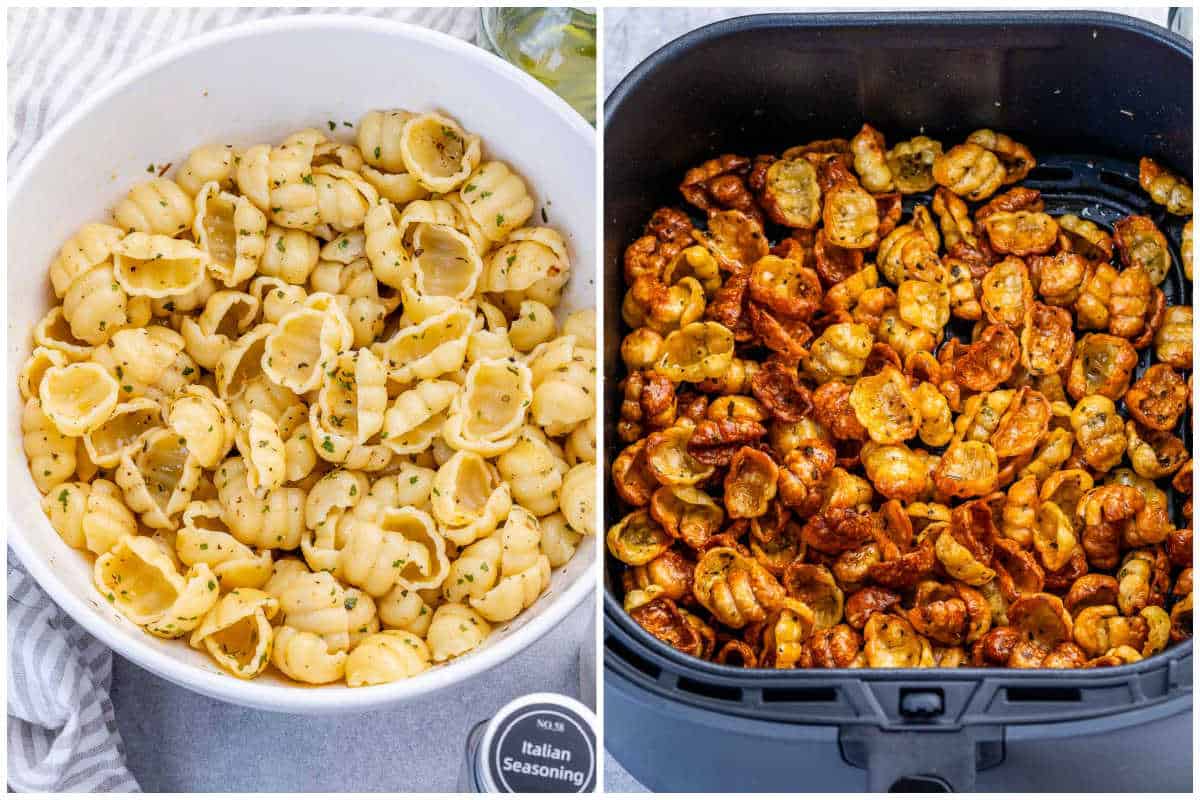 process shot to season the pasta in a bowl and air frying it.