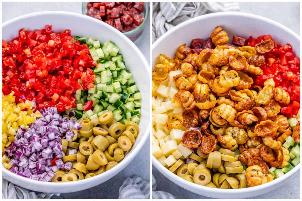 process shot to add the veggies in a bowl and then topping with air fried pasta.
