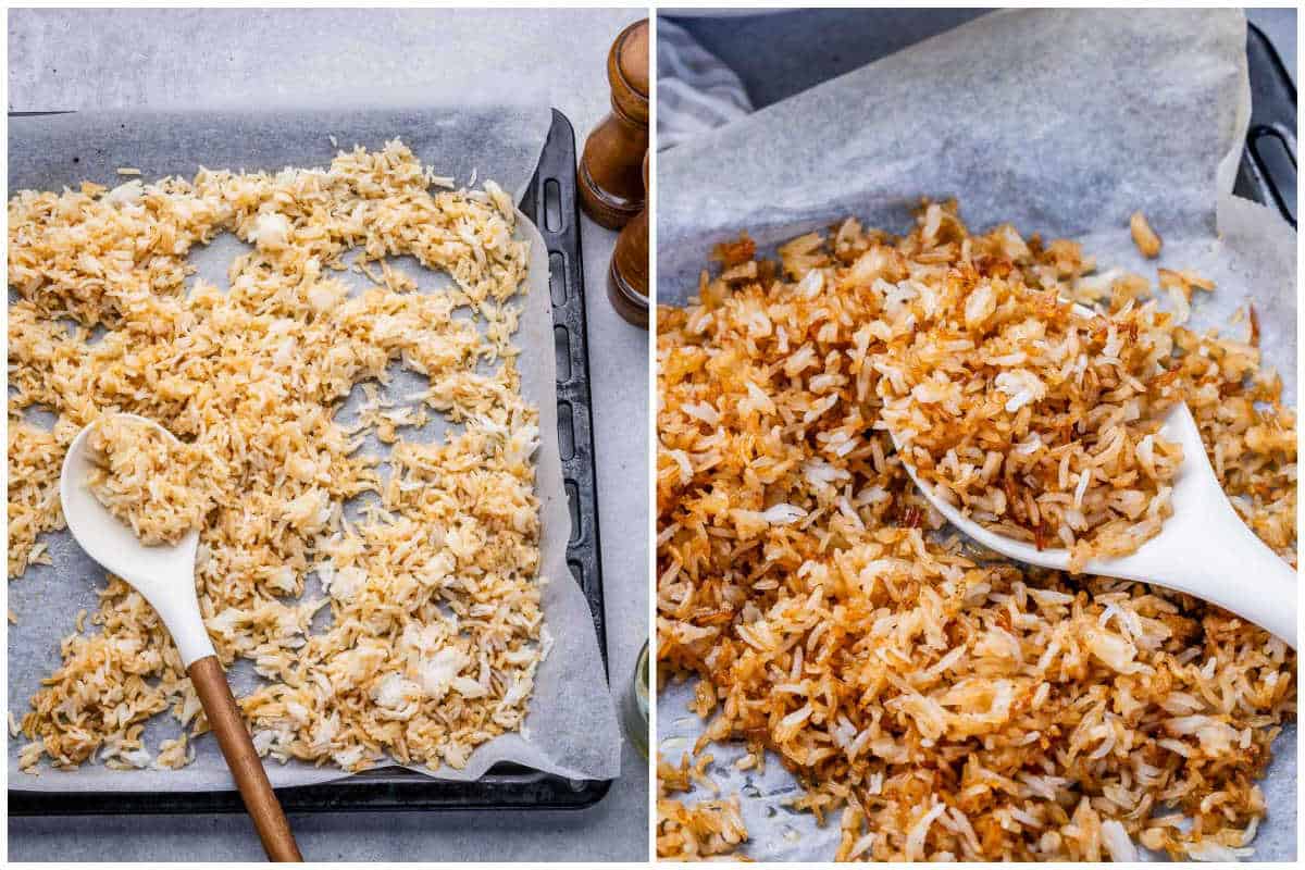 collage to add rice to sheet pan and baking it.