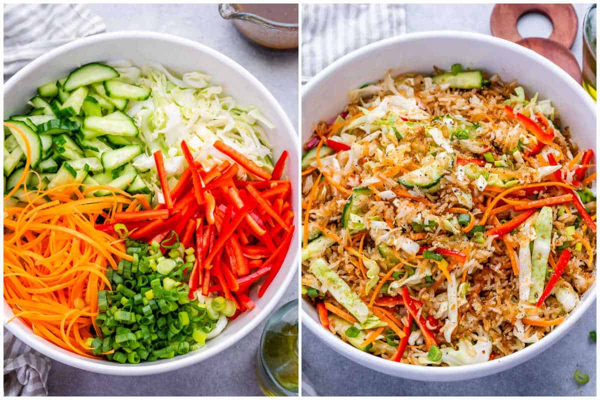 assembling the veggies and salad in a bowl.
