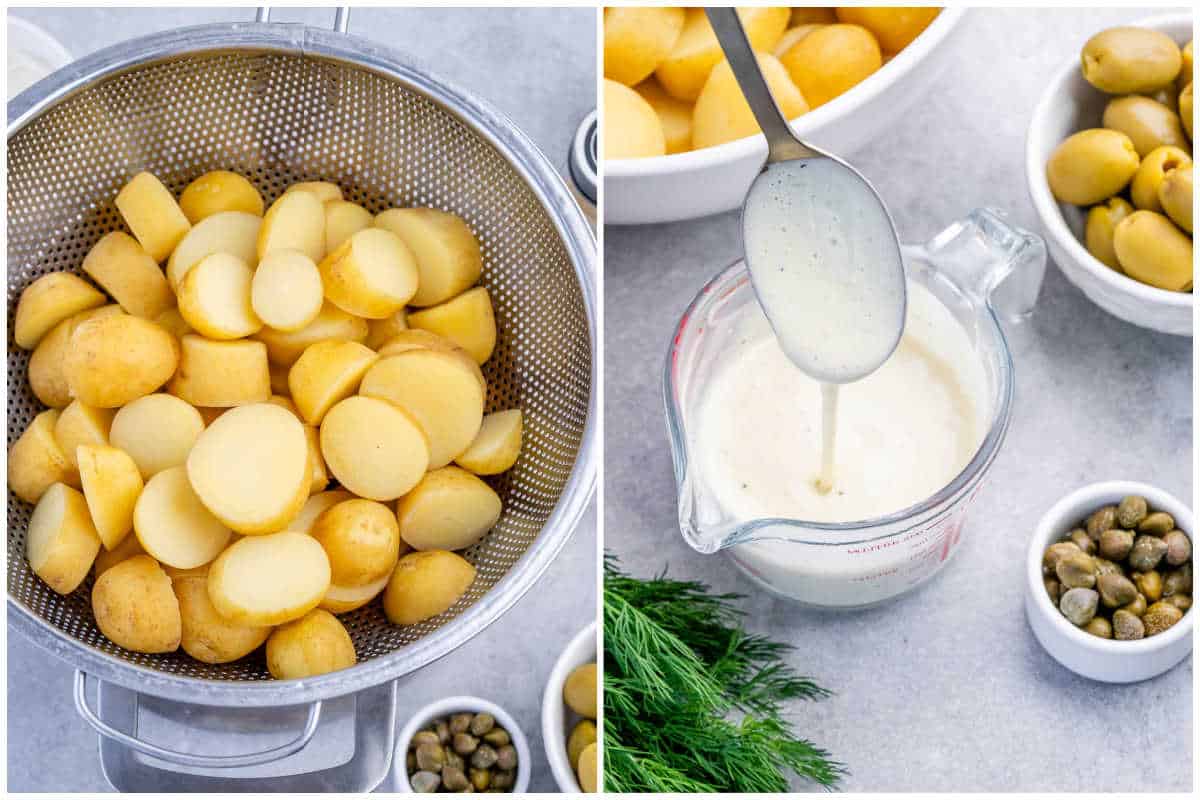 process shot to cook the potatoes and make the dressing for the potatoes.