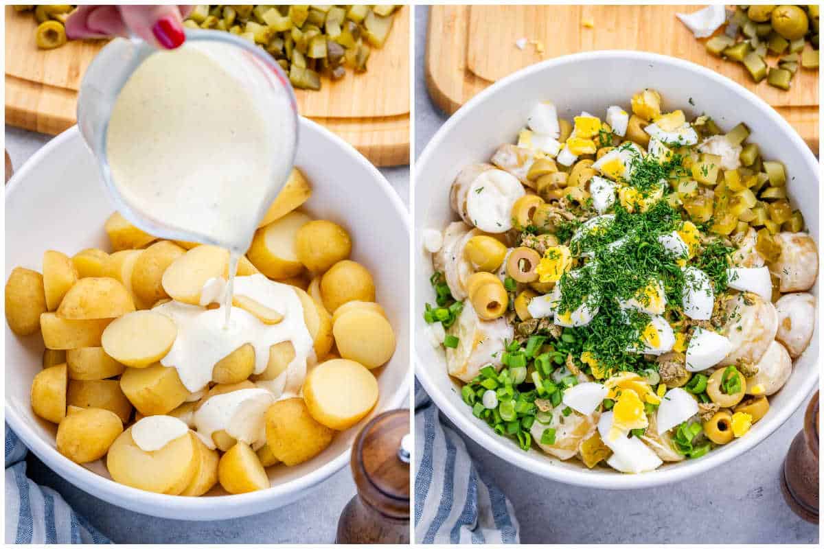 adding dressing to the cooked potatoes and assembling the potato salad.