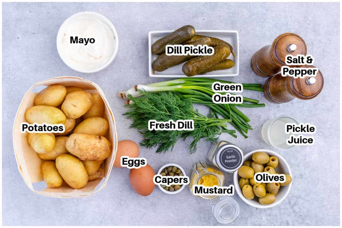 ingredients for dill pickle potato salad.