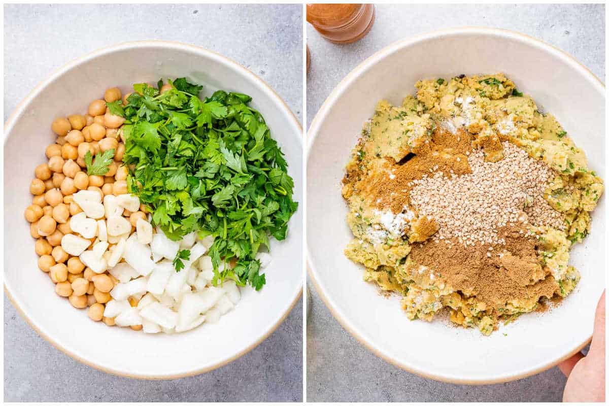making the falafel mixture in a bowl.