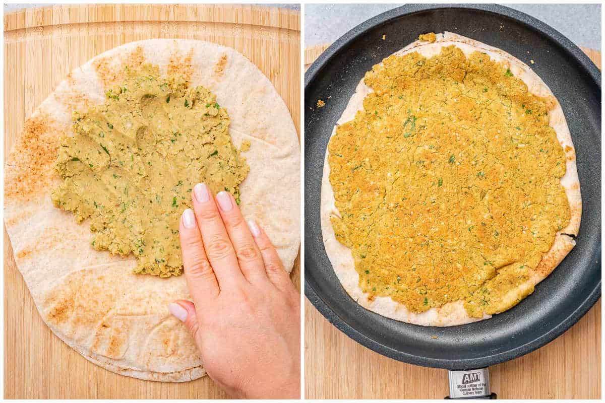 spreading falafel mixture over pita and cooking on a pan.